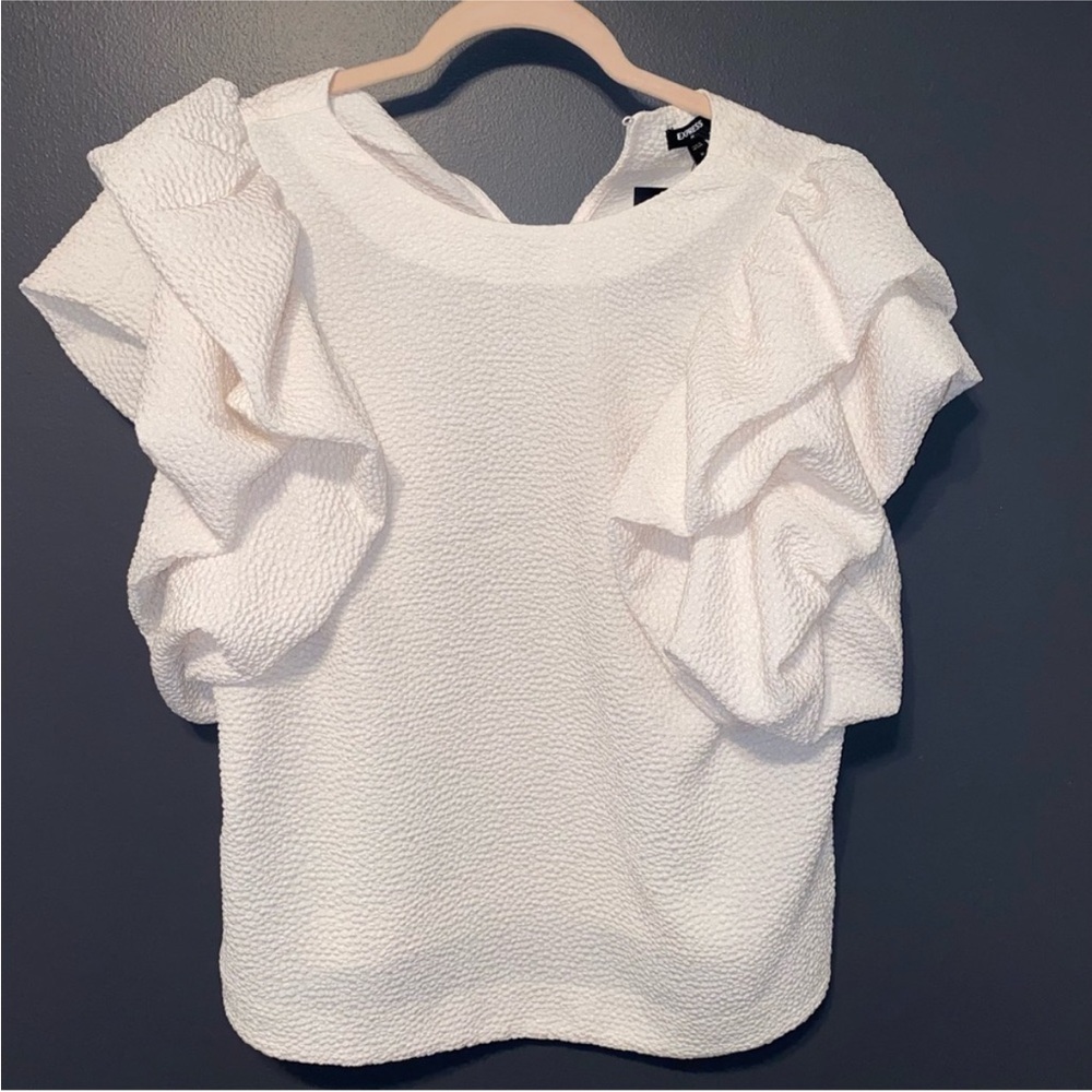 Express White Textured Ruffle Blouse
